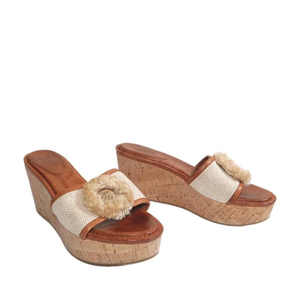 Coach Mule Sandals Womens 8 Tan Canvas Leather Trim Shearling Wedge Sandals - Picture 3 of 6